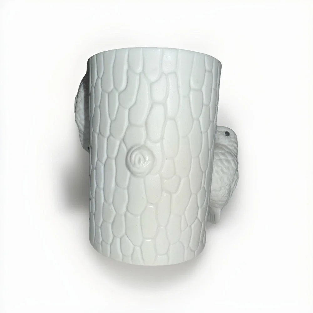 Vintage White Porcelain Tree Trunk Vase with Two Bird Accents Matte Finish